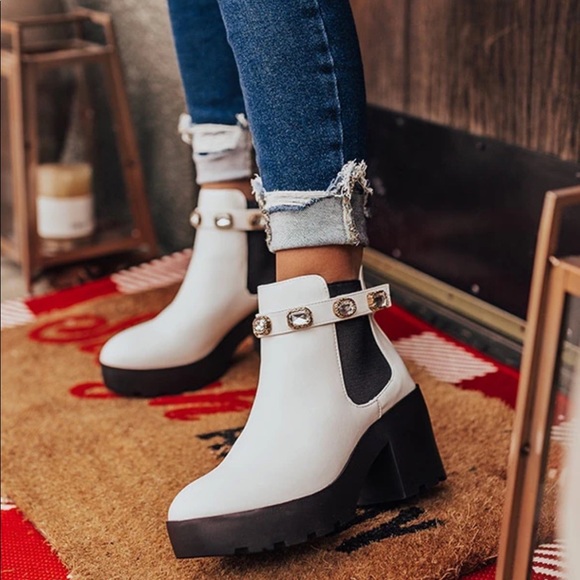 Shoes - Removable Jeweled Ankle Strap White Chelsea Boot